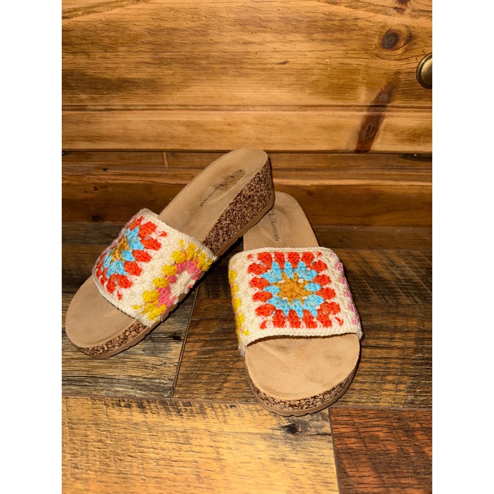 CL by Laundry Crochet Granny Square Cork Wedge Sandals Multi Color Boho Size 39